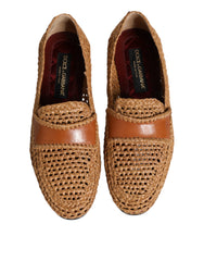 Dolce & Gabbana Brown Woven Raffia Slip On Loafers Shoes