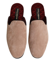 Dolce & Gabbana Beige Capra Suede Slides Flat Slipper Shoes