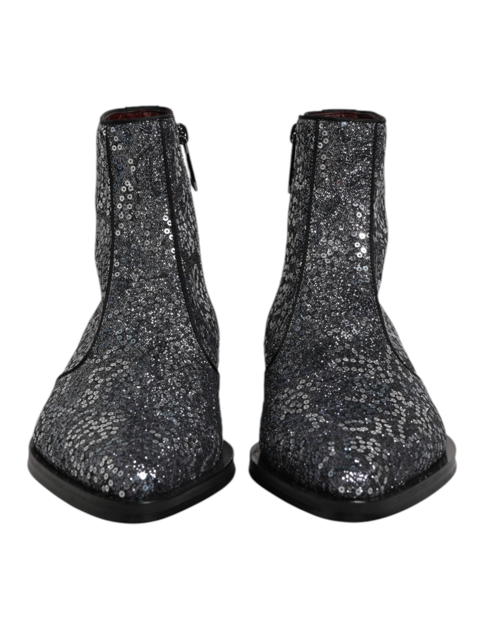 Dolce & Gabbana Dark Gray Cotton Sequined Chelsea Boots Shoes