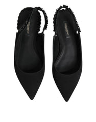 Dolce & Gabbana Black Crystal Charmeuse Slingback Shoes
