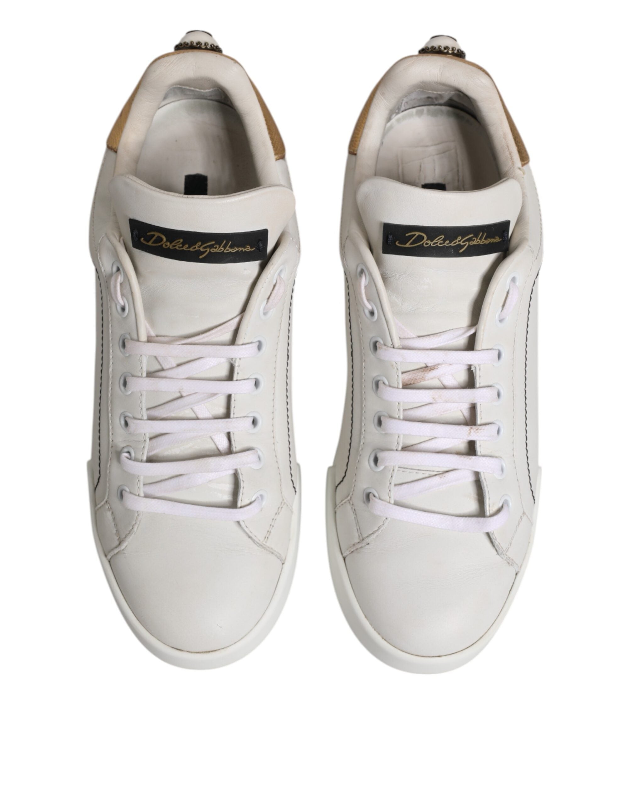 Dolce & Gabbana White Gold Leather Low Top Sneakers Shoes
