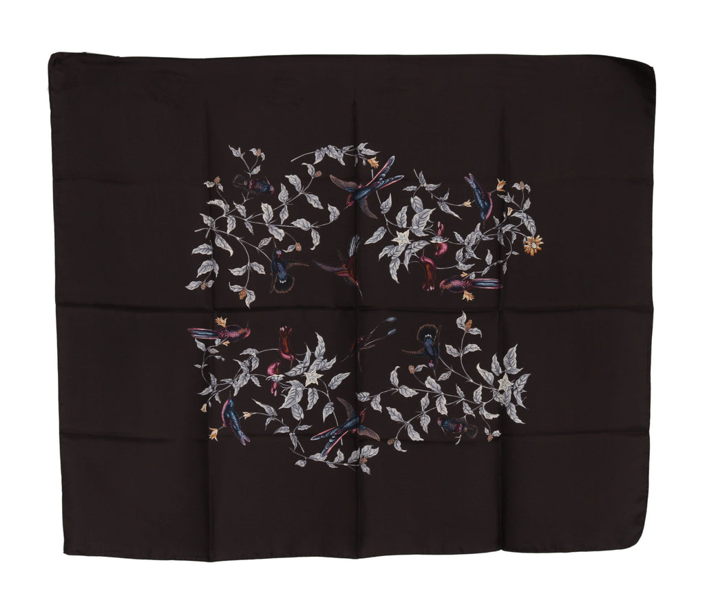 Brun sjal i 100 % siden med fågeltryck, 80 cm x 95 cm, rekommenderat pris