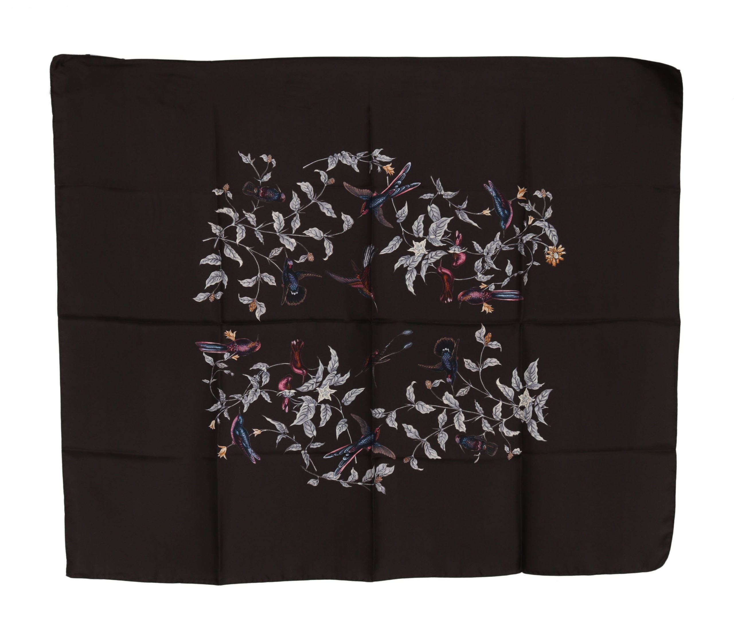 Brun sjal i 100 % siden med fågeltryck, 80 cm x 95 cm, rekommenderat pris