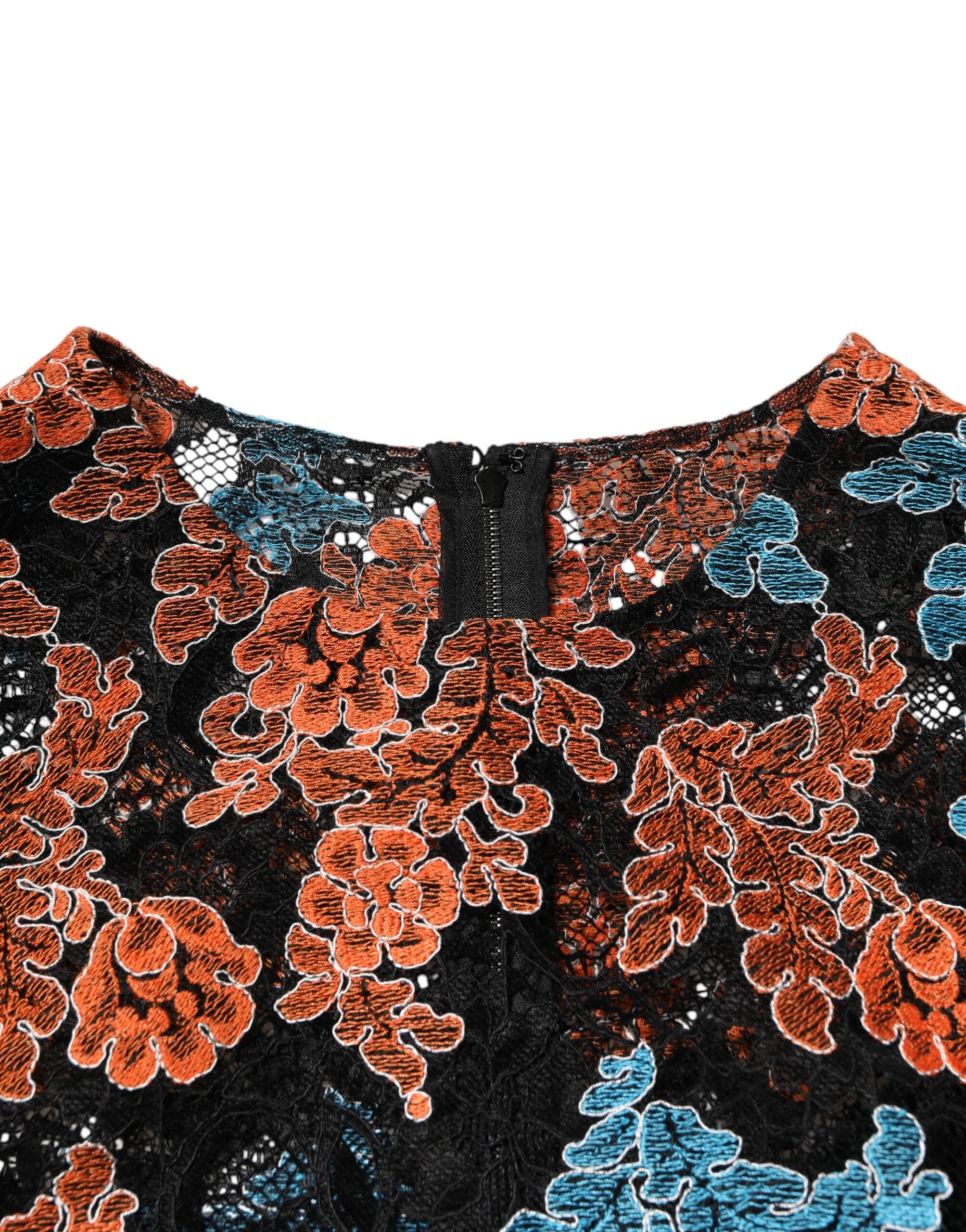 Flerfärgad blommig broderad shift-miniklänning