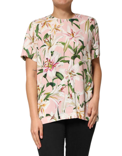 Dolce &amp; Gabbana Rosa Lilja Mönstrad Blus Rund Halsad