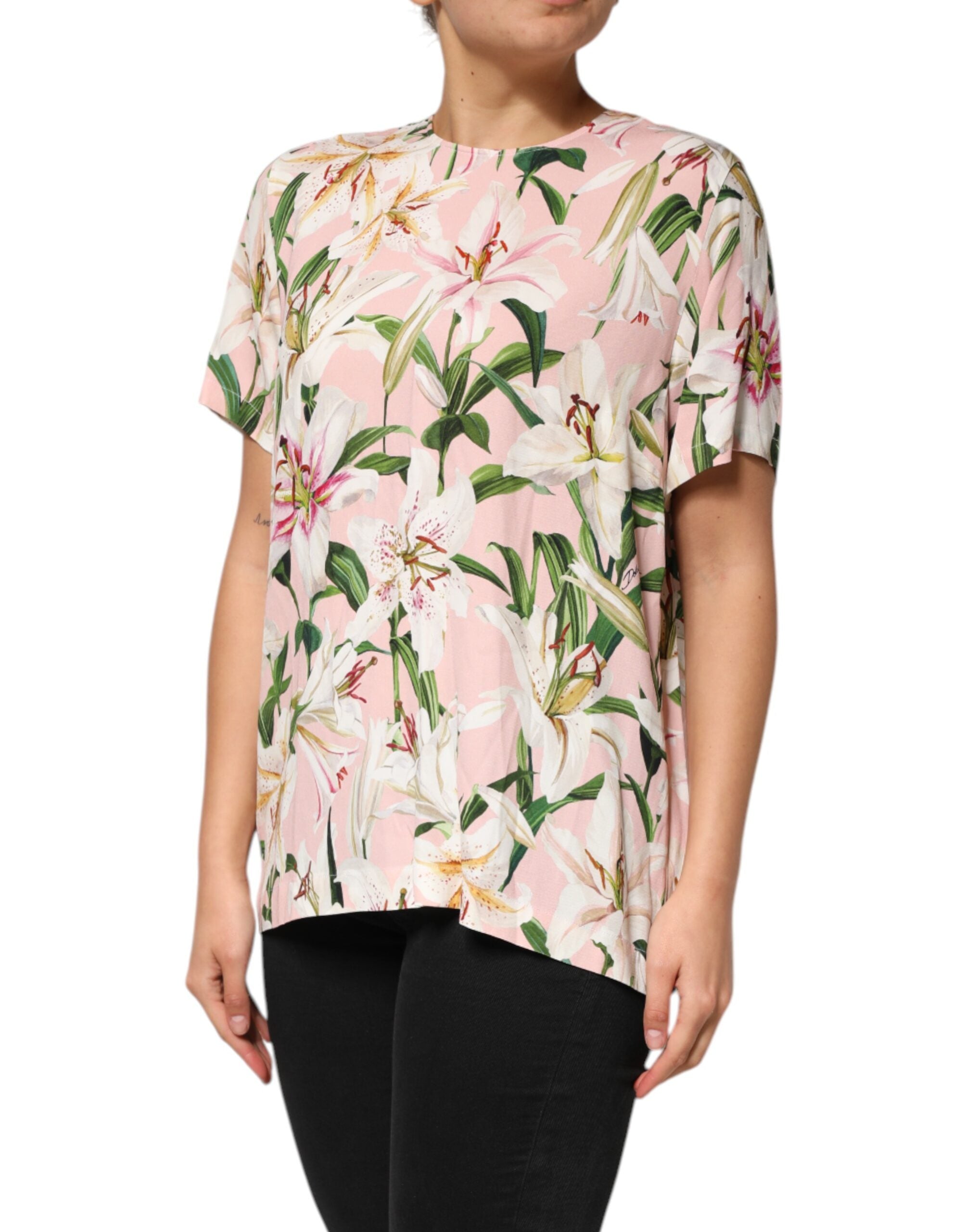 Dolce & Gabbana Pink Lily Printed Round Neck Blouse Top