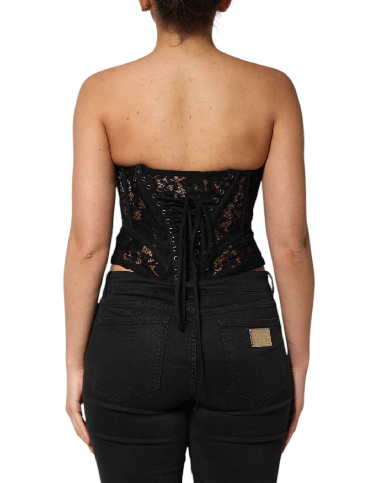 Dolce &amp; Gabbana Svart Axelbandslös Blommig Spets Bustier Cropped Topp