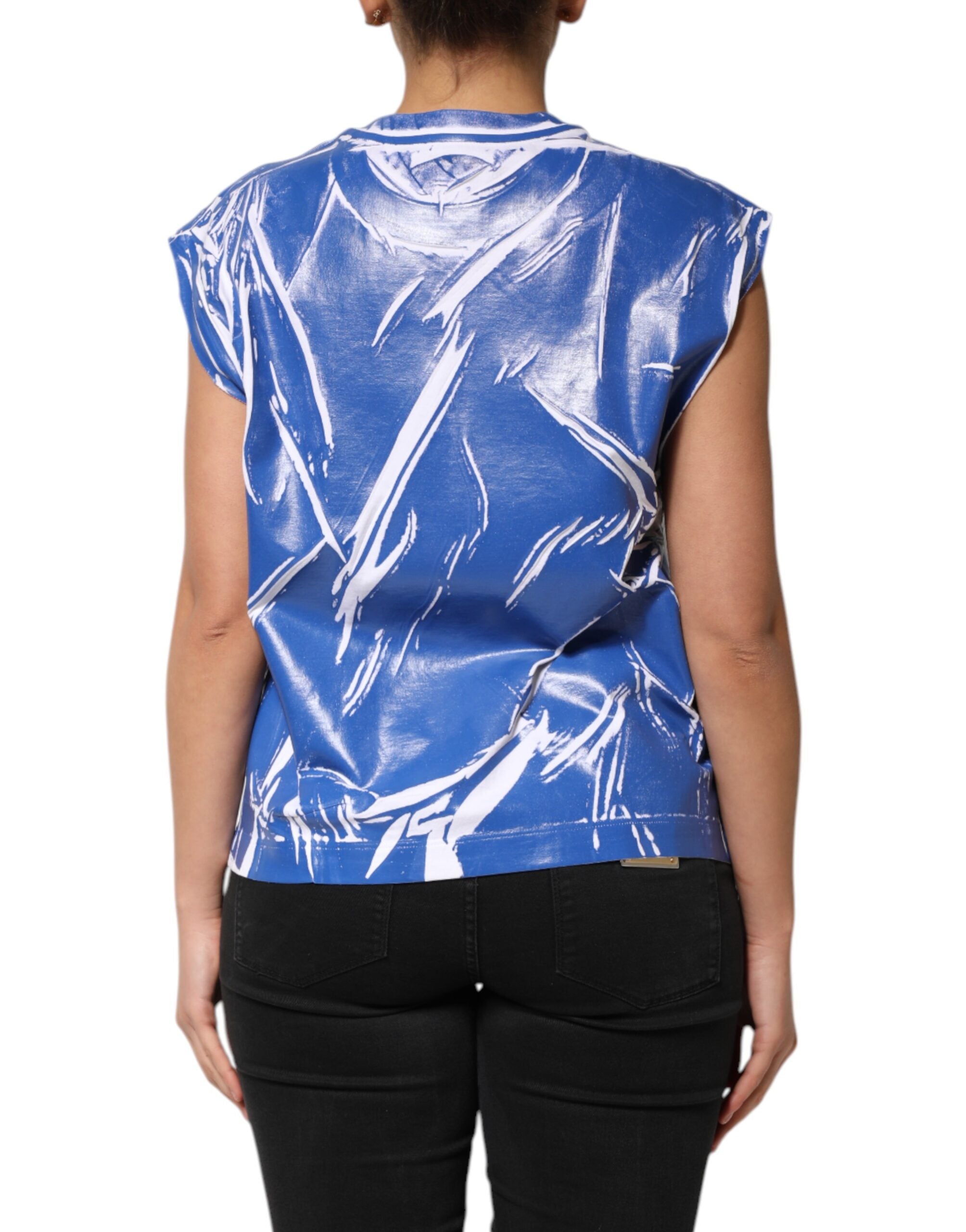 Dolce & Gabbana Blue White Cotton Logo Plaque Women Tank Top