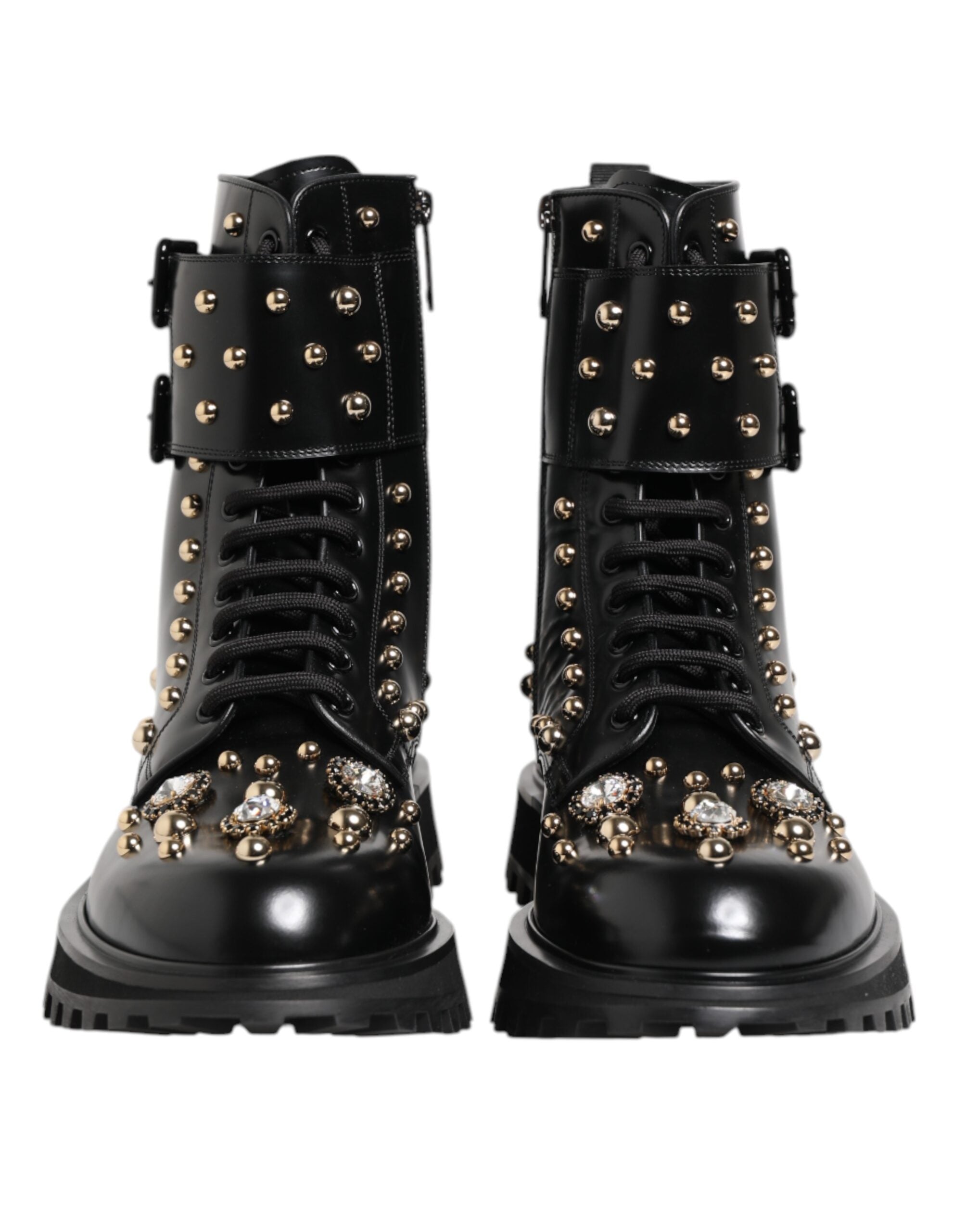 Dolce & Gabbana Black Studded Lace Up Mid Calf Boots Shoes