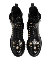 Dolce & Gabbana Black Studded Lace Up Mid Calf Boots Shoes
