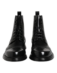 Dolce & Gabbana Black Leather Lace Up Mid Calf Boots Shoes