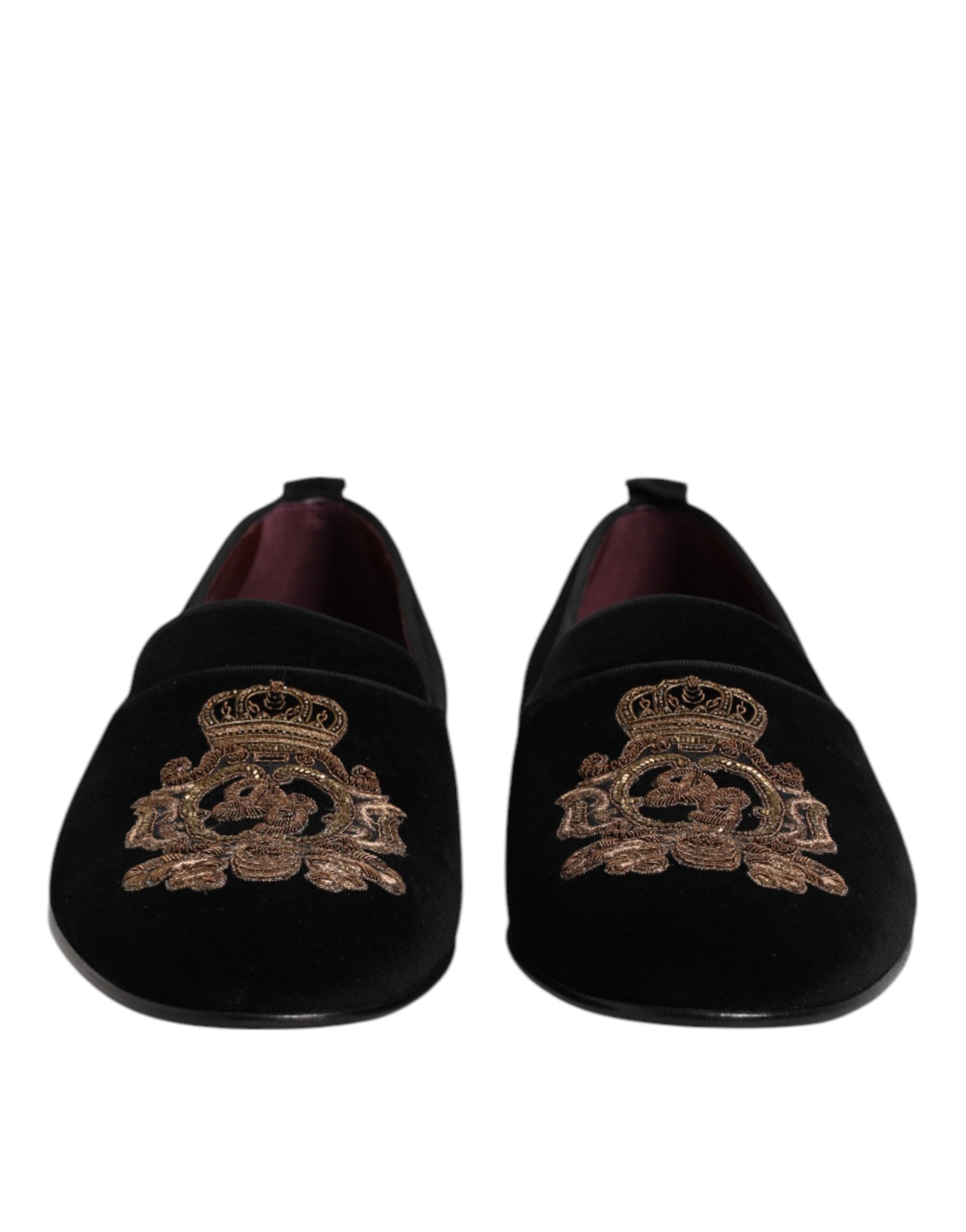 Dolce & Gabbana Black Velvet Gold Crown Mens Loafers Shoes