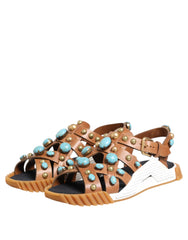 Dolce & Gabbana Brown Leather Studded Slides Sandals Shoes