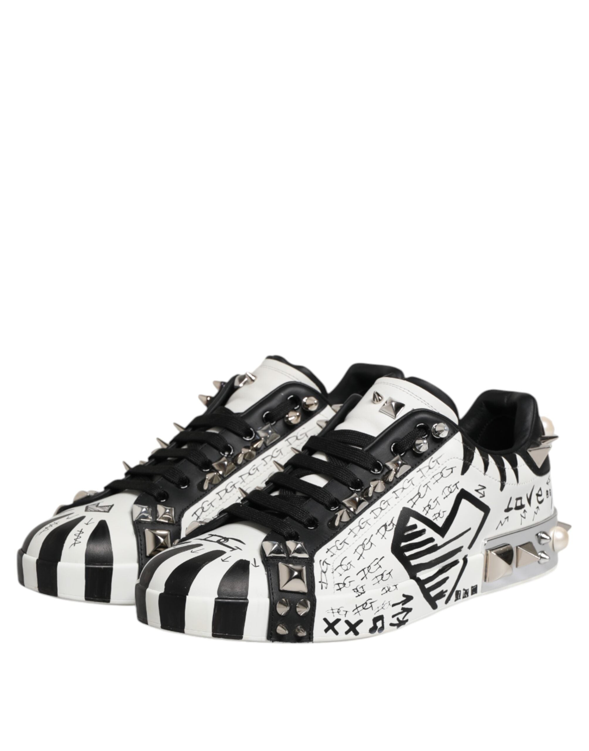 Dolce & Gabbana Black White Studded Low Top Sneakers Shoes