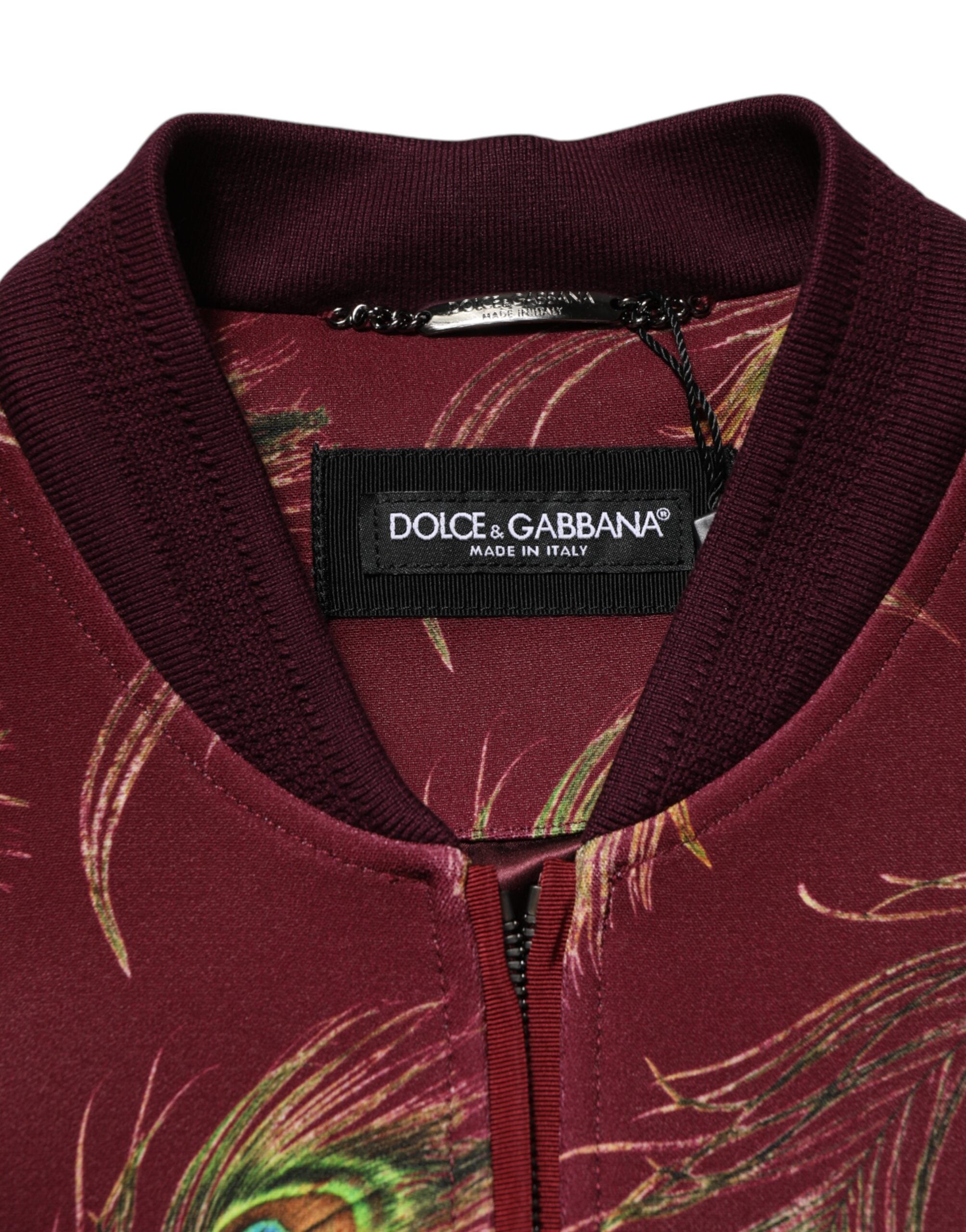 Dolce & Gabbana Maroon Peacock Feather Print Bomber Jacket