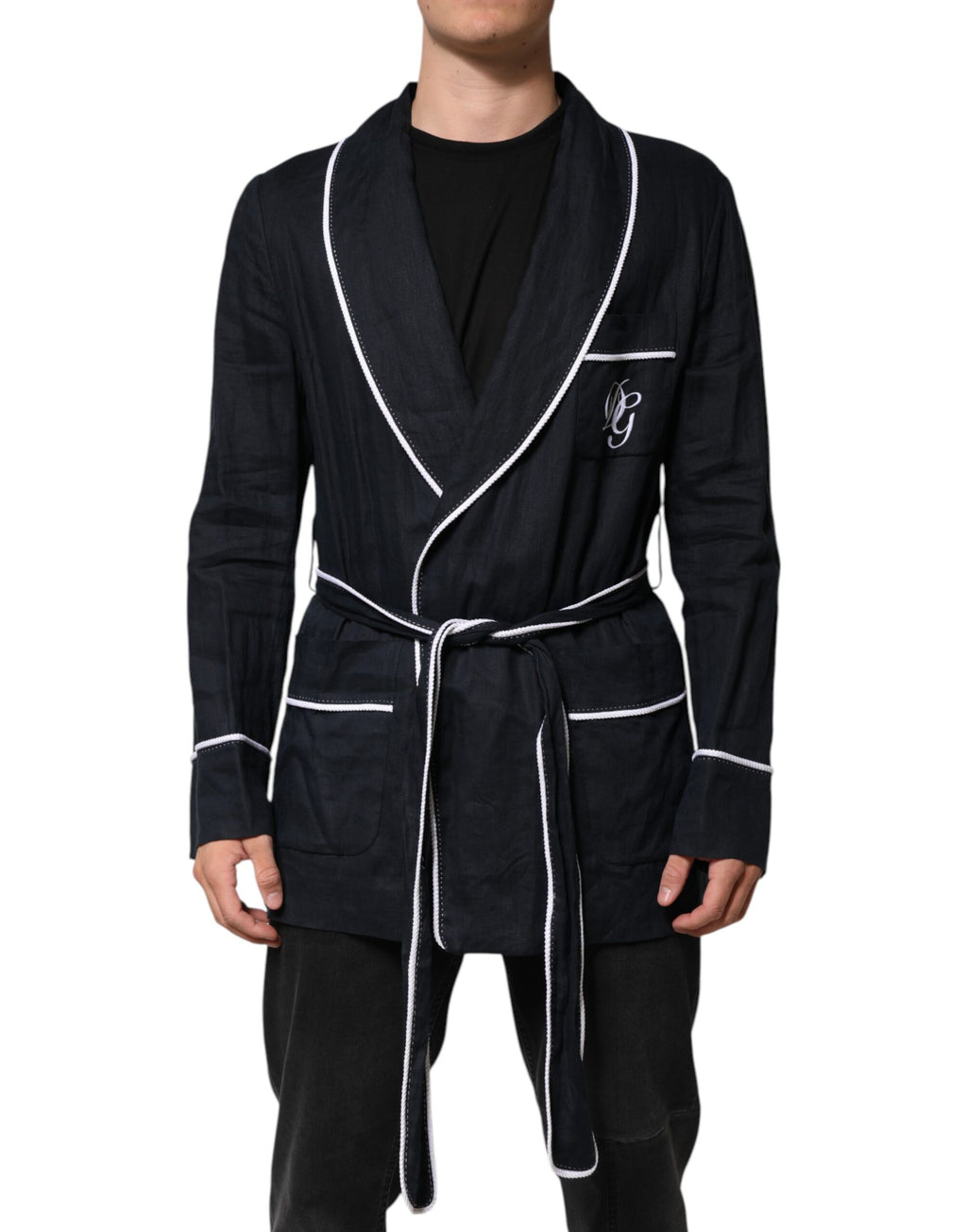 Mørkeblå DG Broderijakke Morgenkåpe Blazer