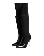 Dolce & Gabbana Black Leather Ribbed Knit Knee Boots Shoes
