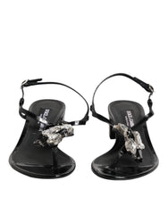 Dolce & Gabbana Black Leather Crystal Ankle Strap Sandals Shoes
