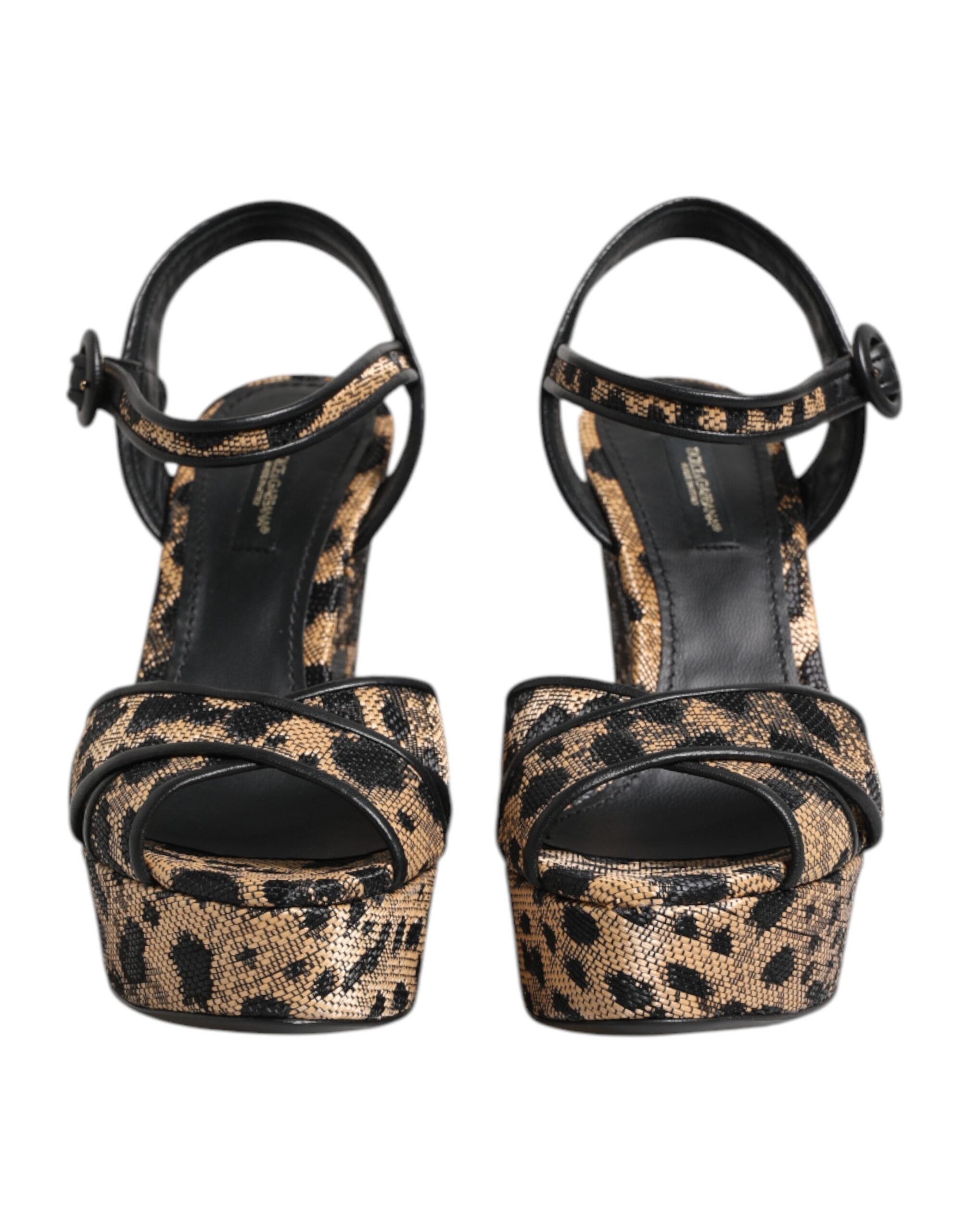 Bruna Leopardfärgade Kilklackade Sandaler Med Ankelrem