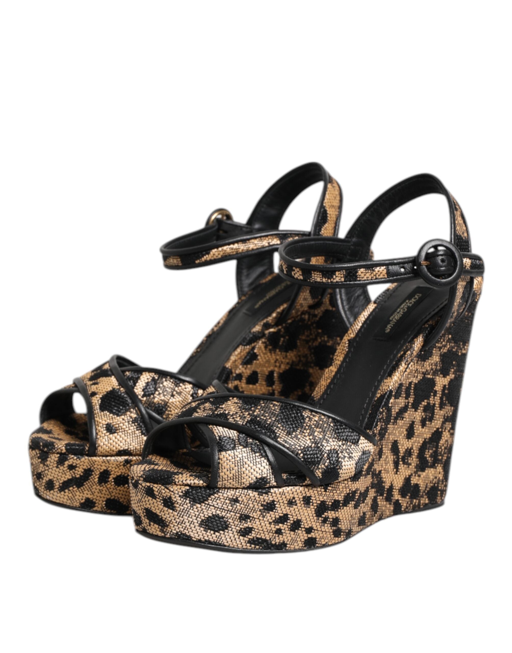 Bruna Leopardfärgade Kilklackade Sandaler Med Ankelrem