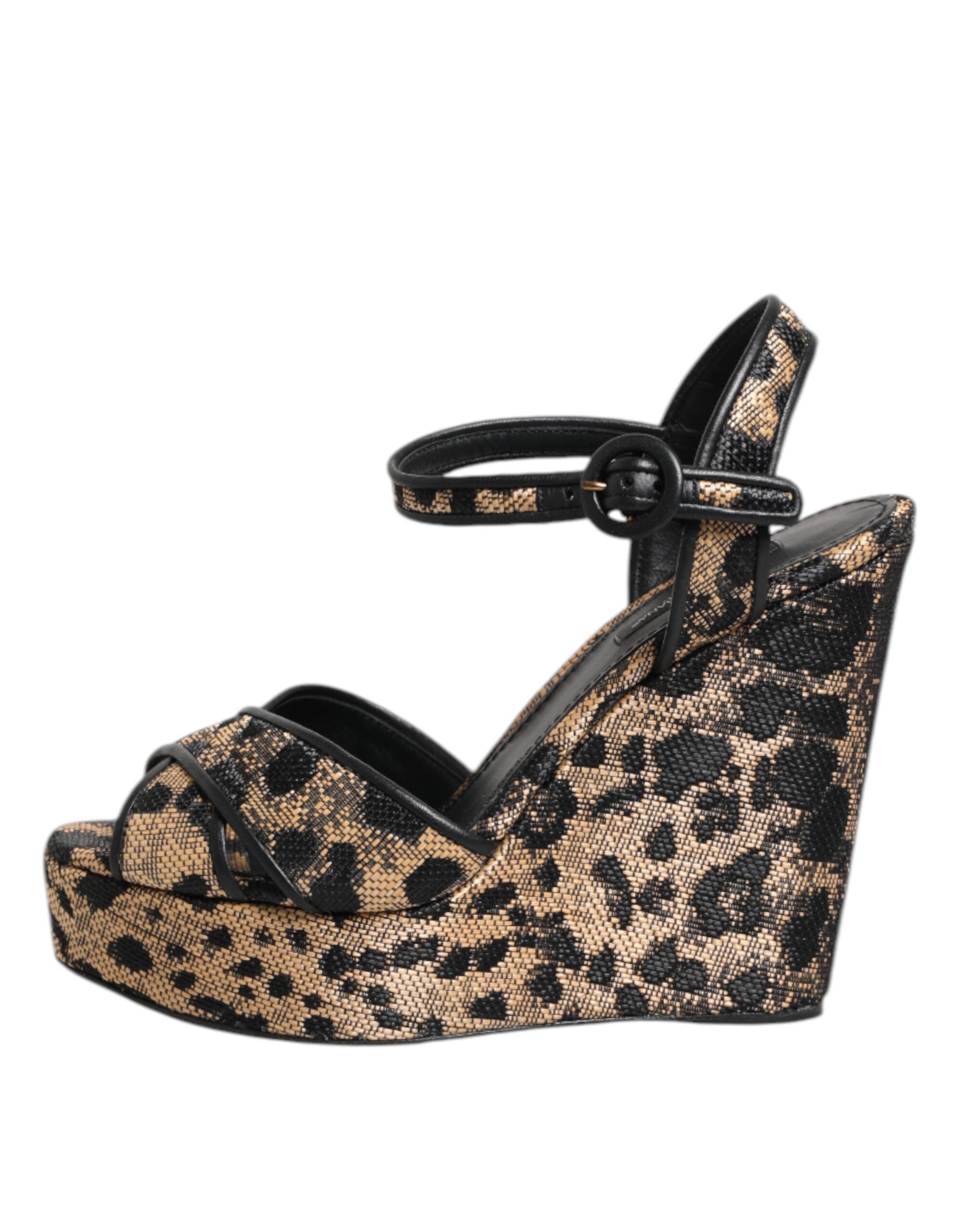 Bruna Leopardfärgade Kilklackade Sandaler Med Ankelrem