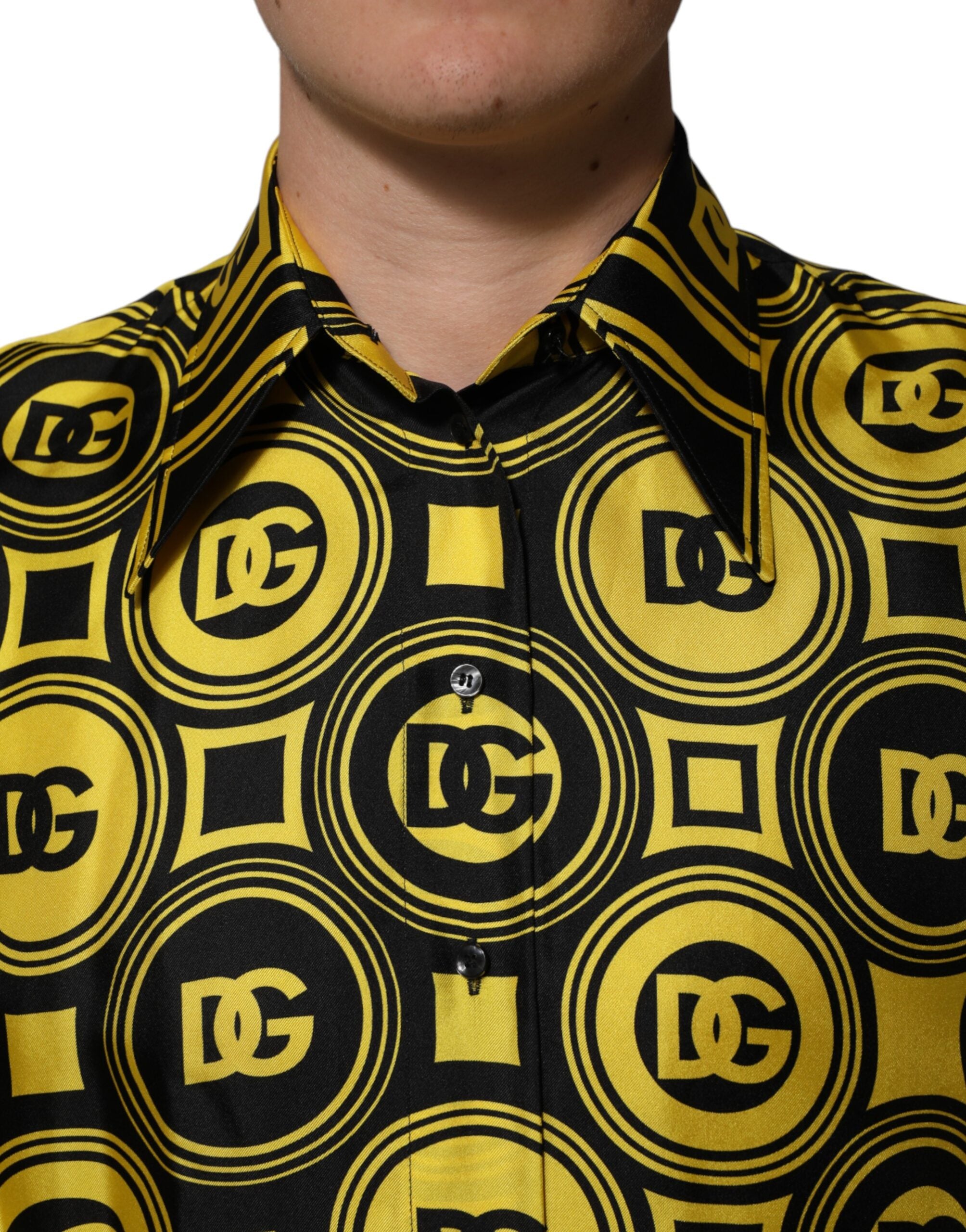 Dolce & Gabbana Yellow Silk Silver DG Logo Geometric T-shirt