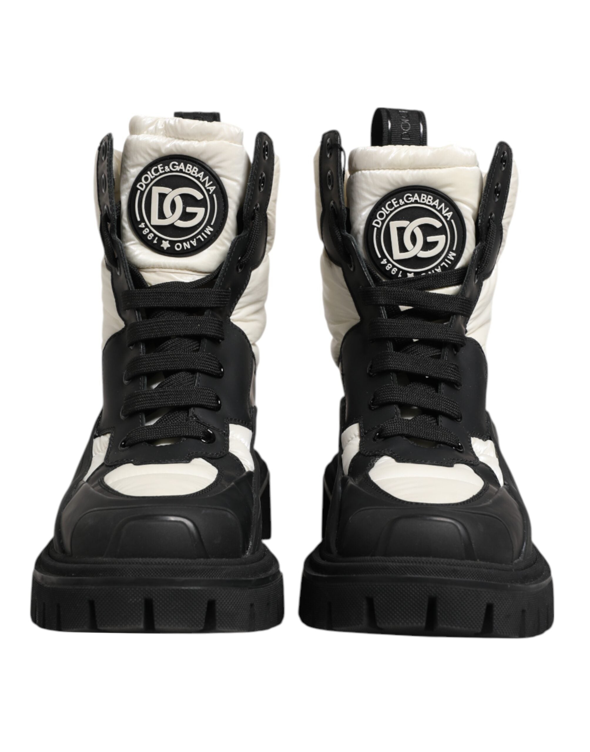 Dolce & Gabbana Black White Padded Mid Calf Lace Up Boots Shoes