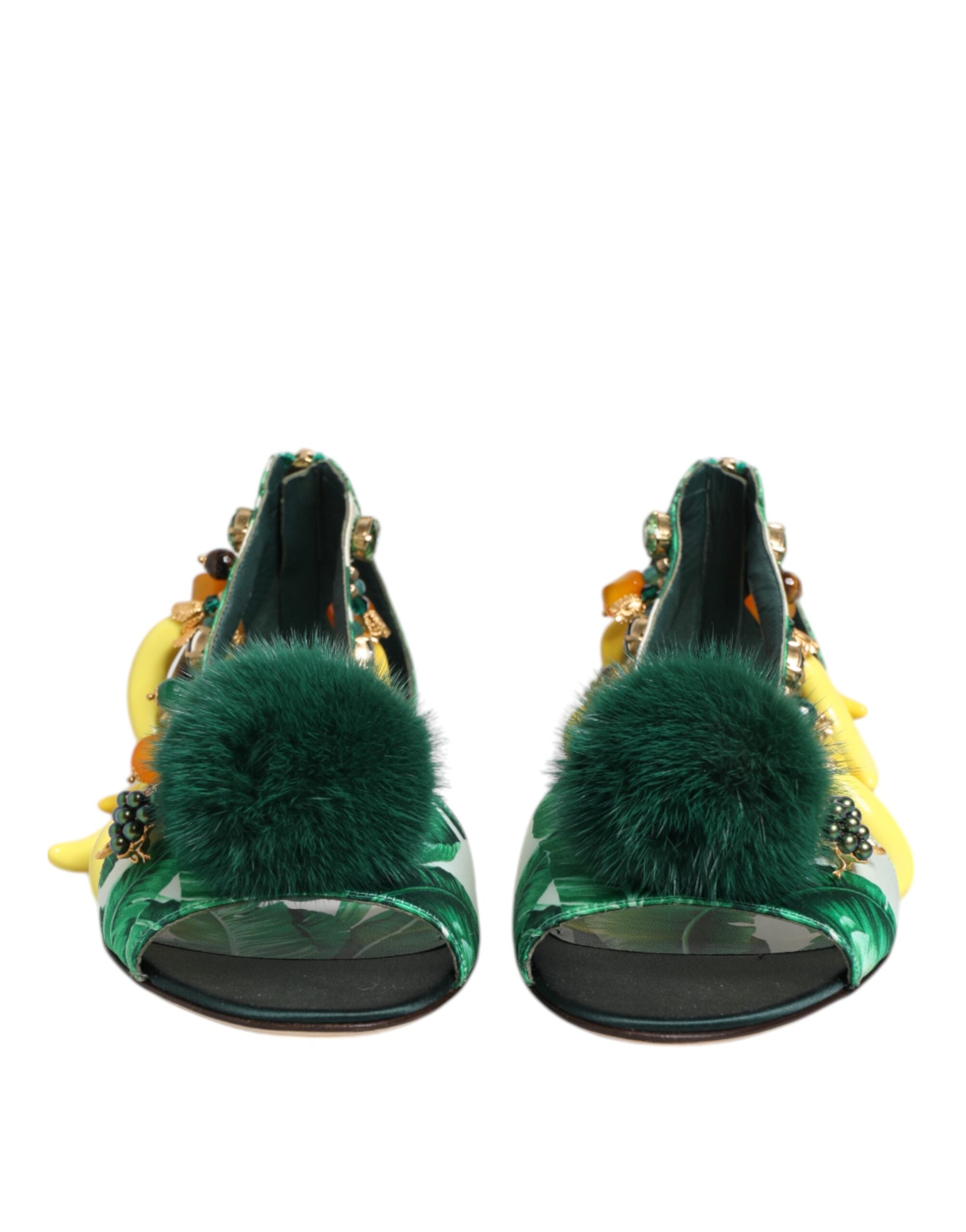Dolce & Gabbana Green Mink Fur Satin Banana Leaf Sandals Shoes