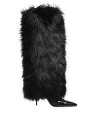 Dolce & Gabbana Black Faux Fur Pointed Knee High Stiletto Boots Shoes