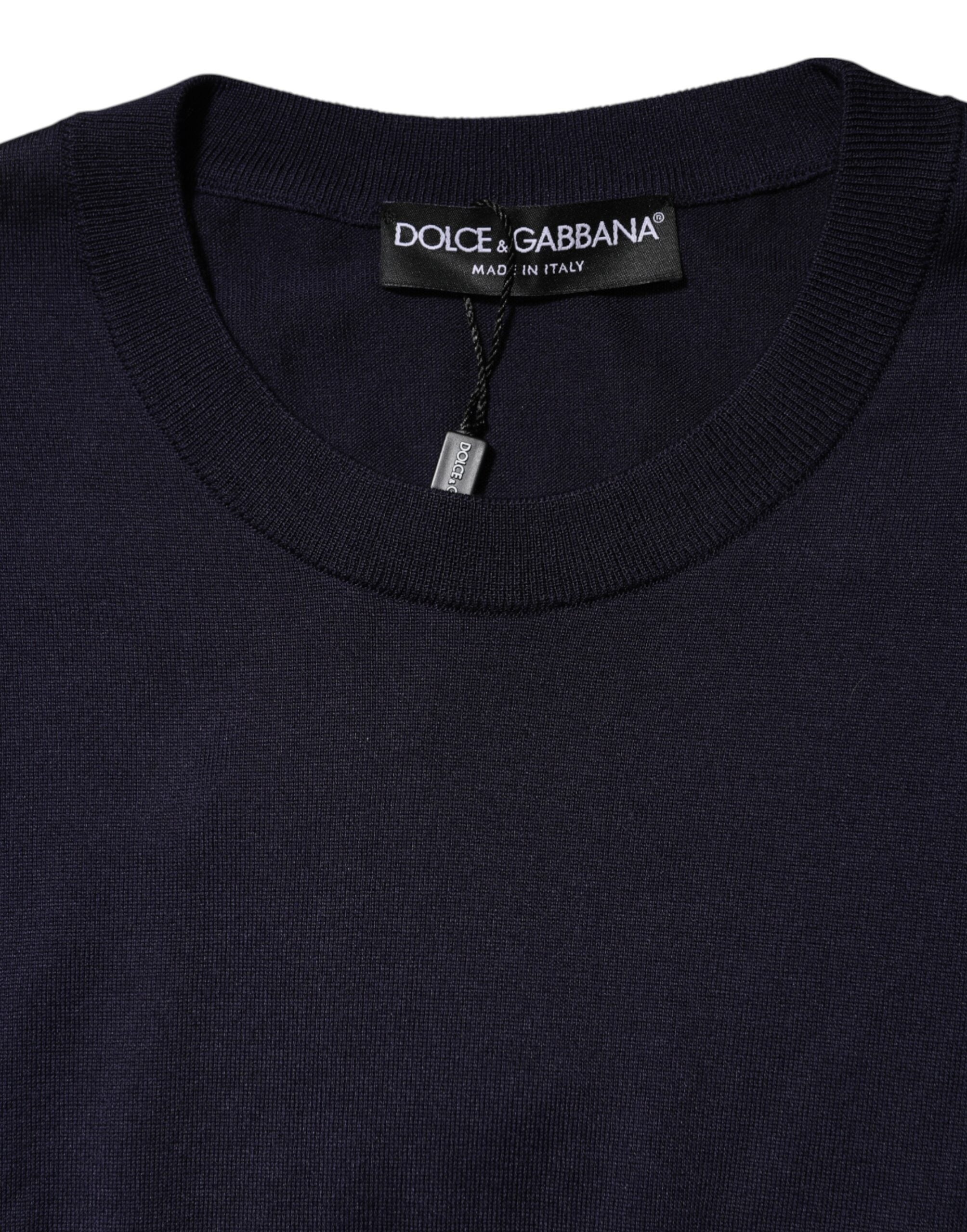 Dolce & Gabbana Dark Blue Silk Crew Neck Short Sleeves T-shirt
