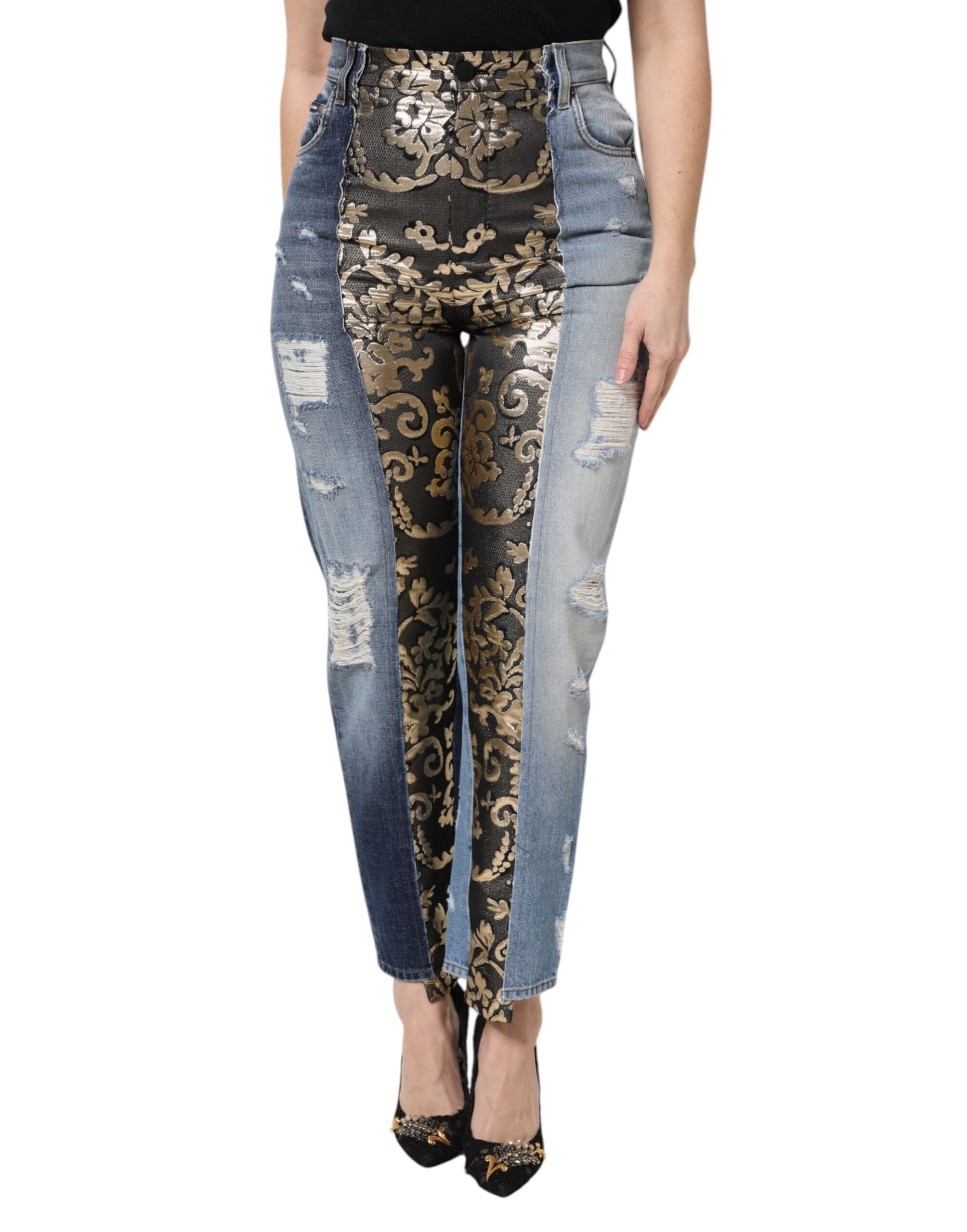 Flerfärgade lapptäcksmönster avsmalnande denimjeans 