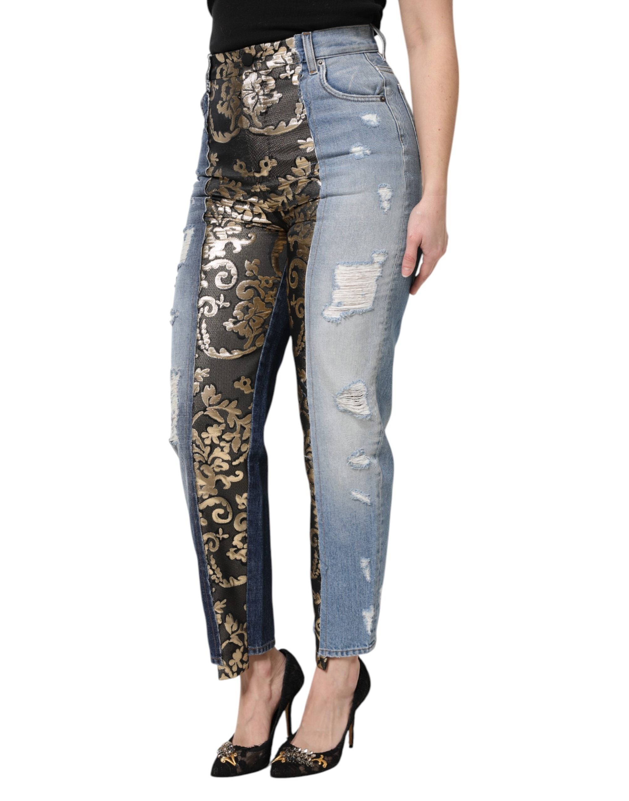 Flerfärgade lapptäcksmönster avsmalnande denimjeans 