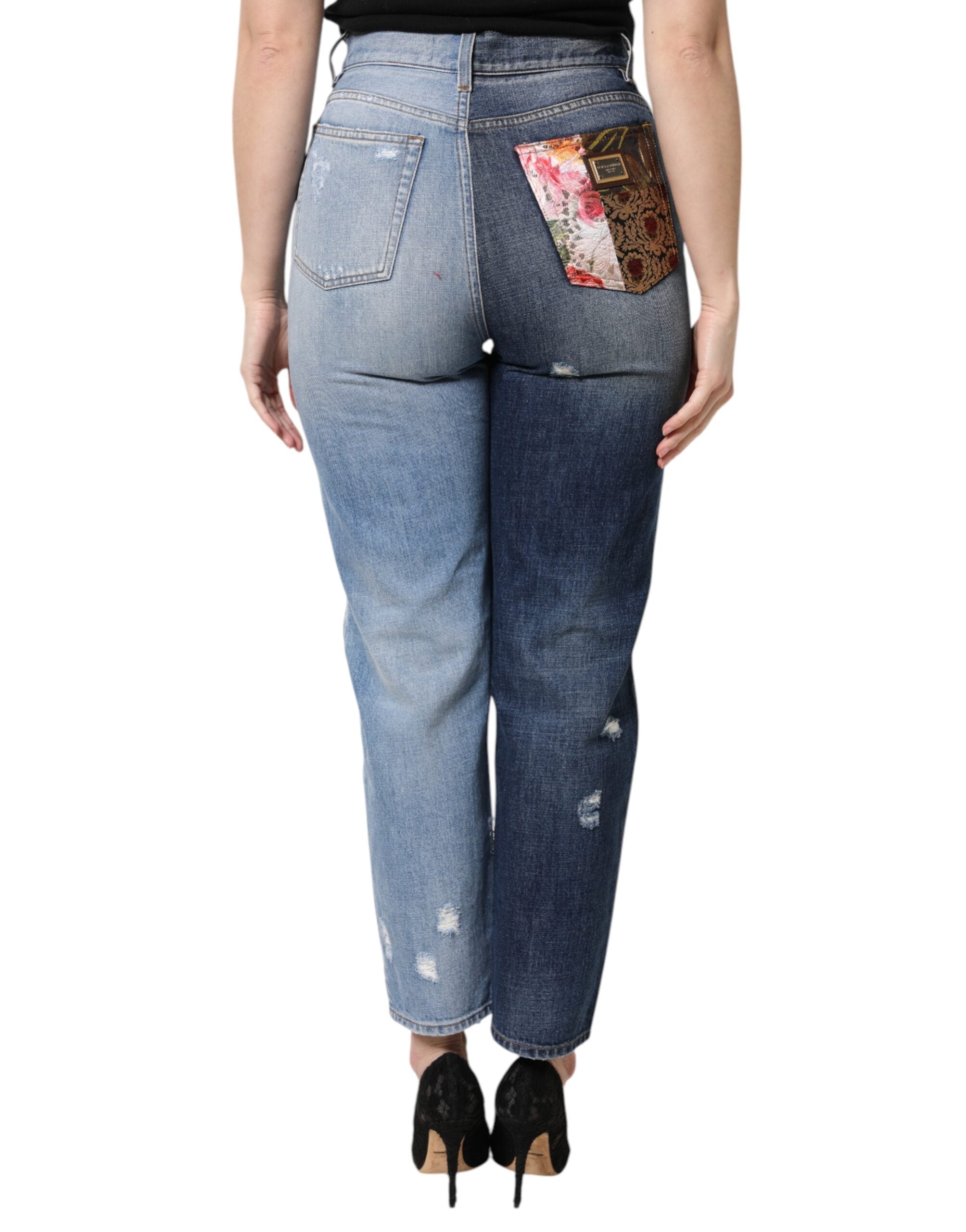 Flerfärgade lapptäcksmönster avsmalnande denimjeans 