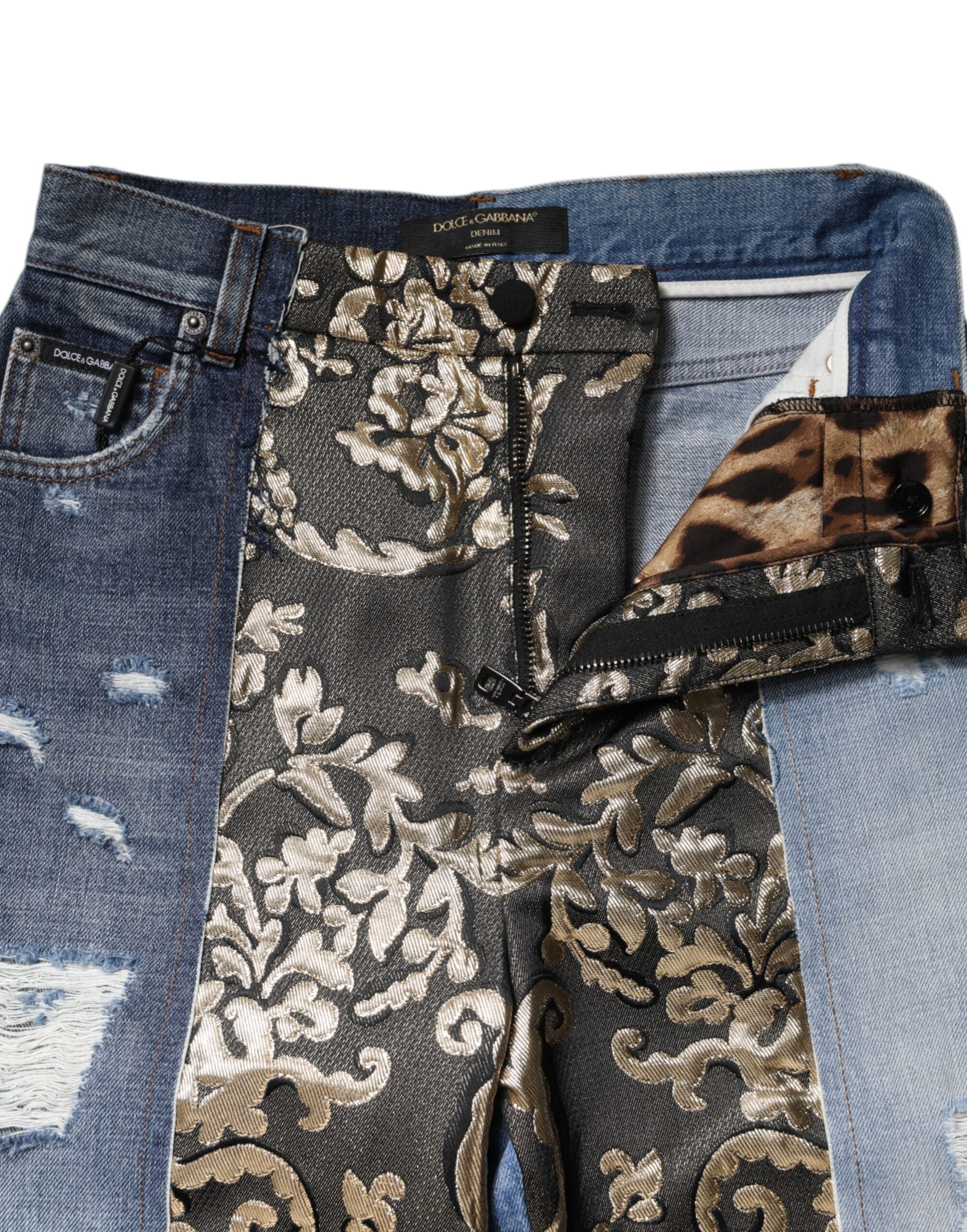 Flerfärgade lapptäcksmönster avsmalnande denimjeans 