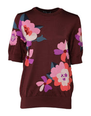Dolce & Gabbana Maroon Floral Silk Crew Neck Blouse Top