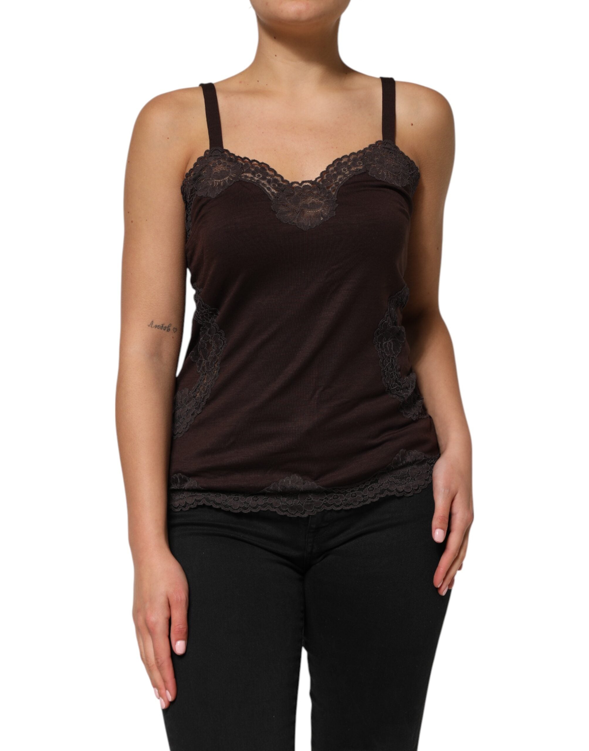 Dolce & Gabbana Dark Brown Lace Trim Wool Sleeveless Tank Top