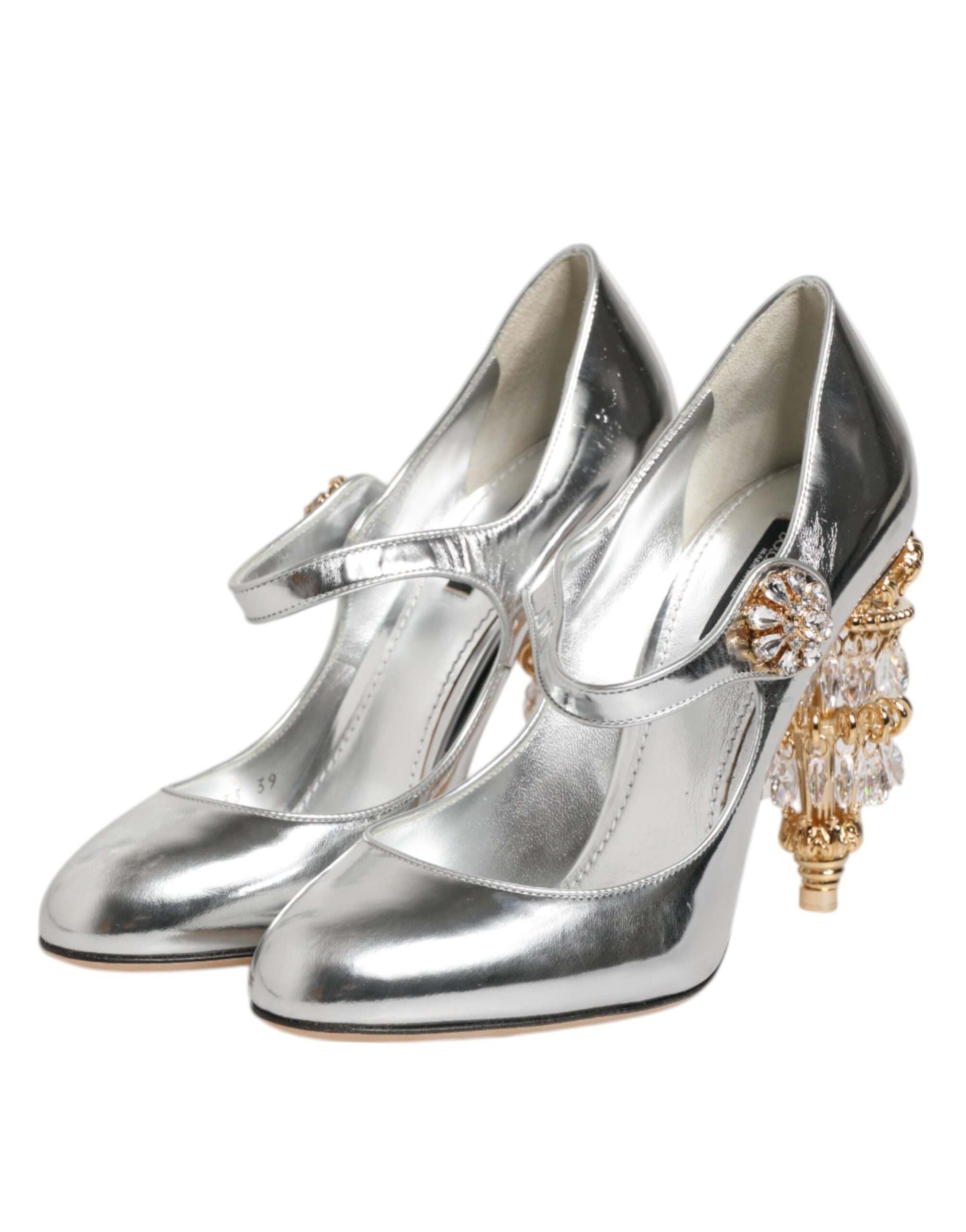 Silverfärgade Mary Jane-pumps med skulpterad klack och ljuskrona