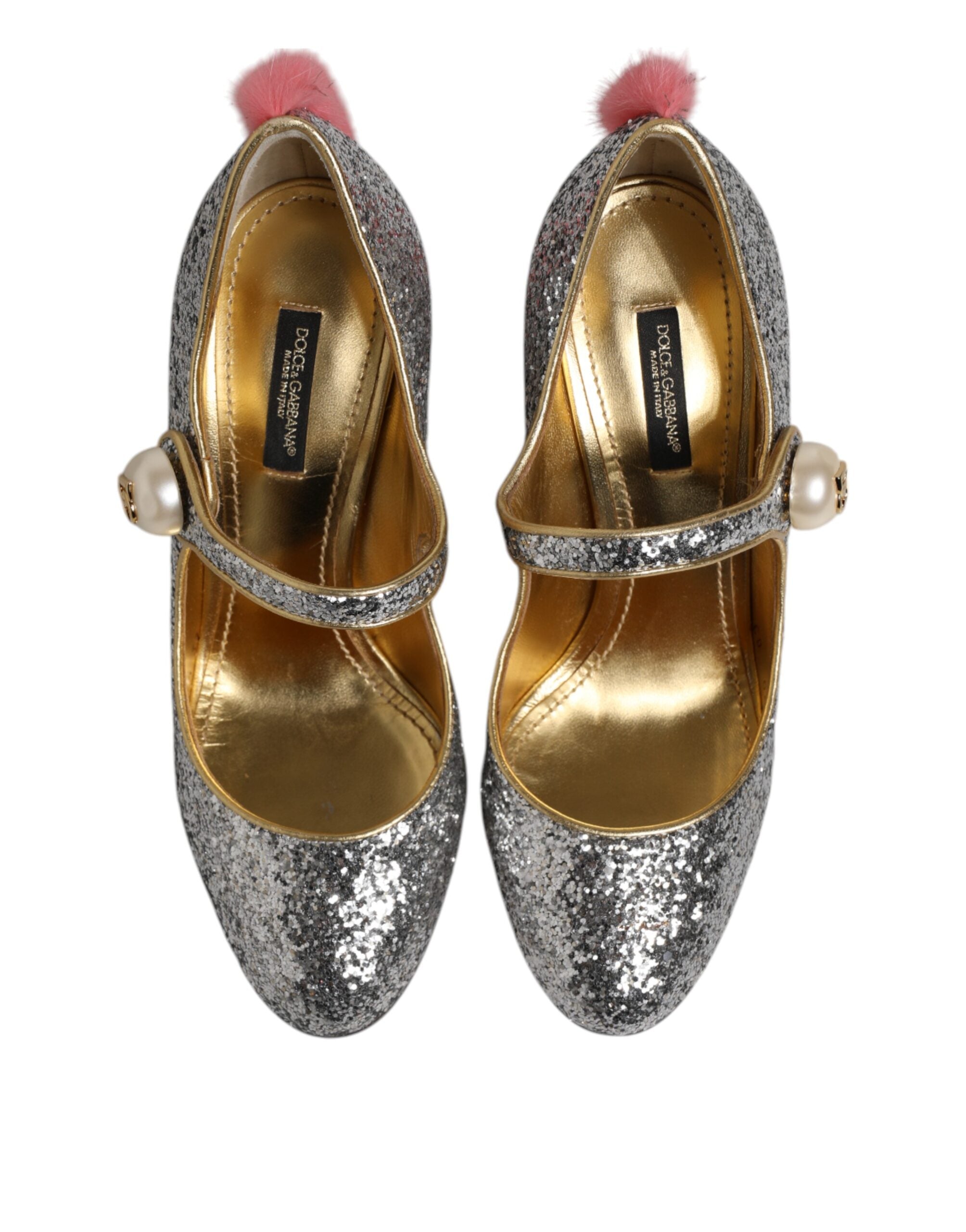 Dolce & Gabbana Silver Glitter Mink Fur VALLY Pump Shoes