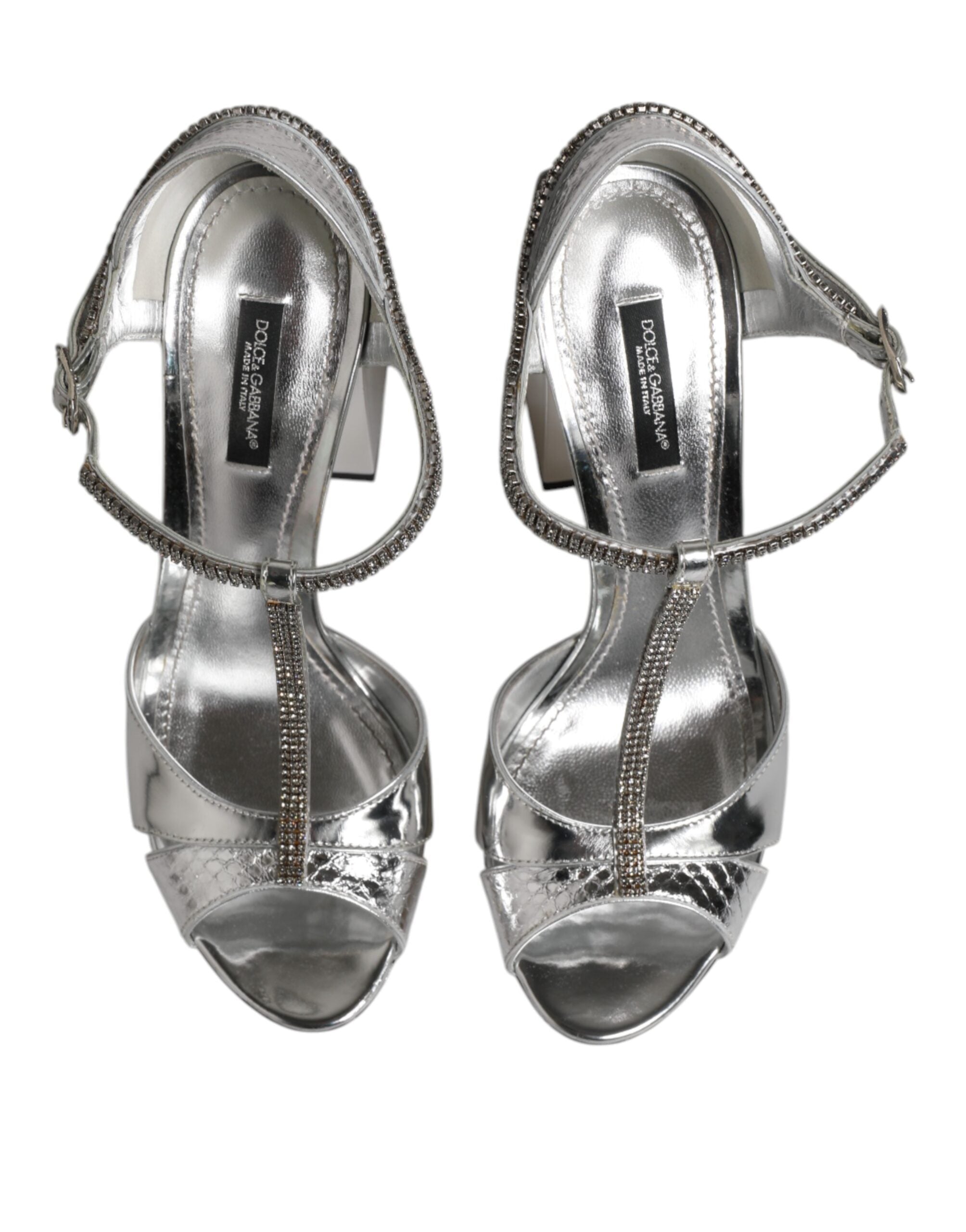 Dolce & Gabbana Silver Leather T-strap Heels Sandals Shoes