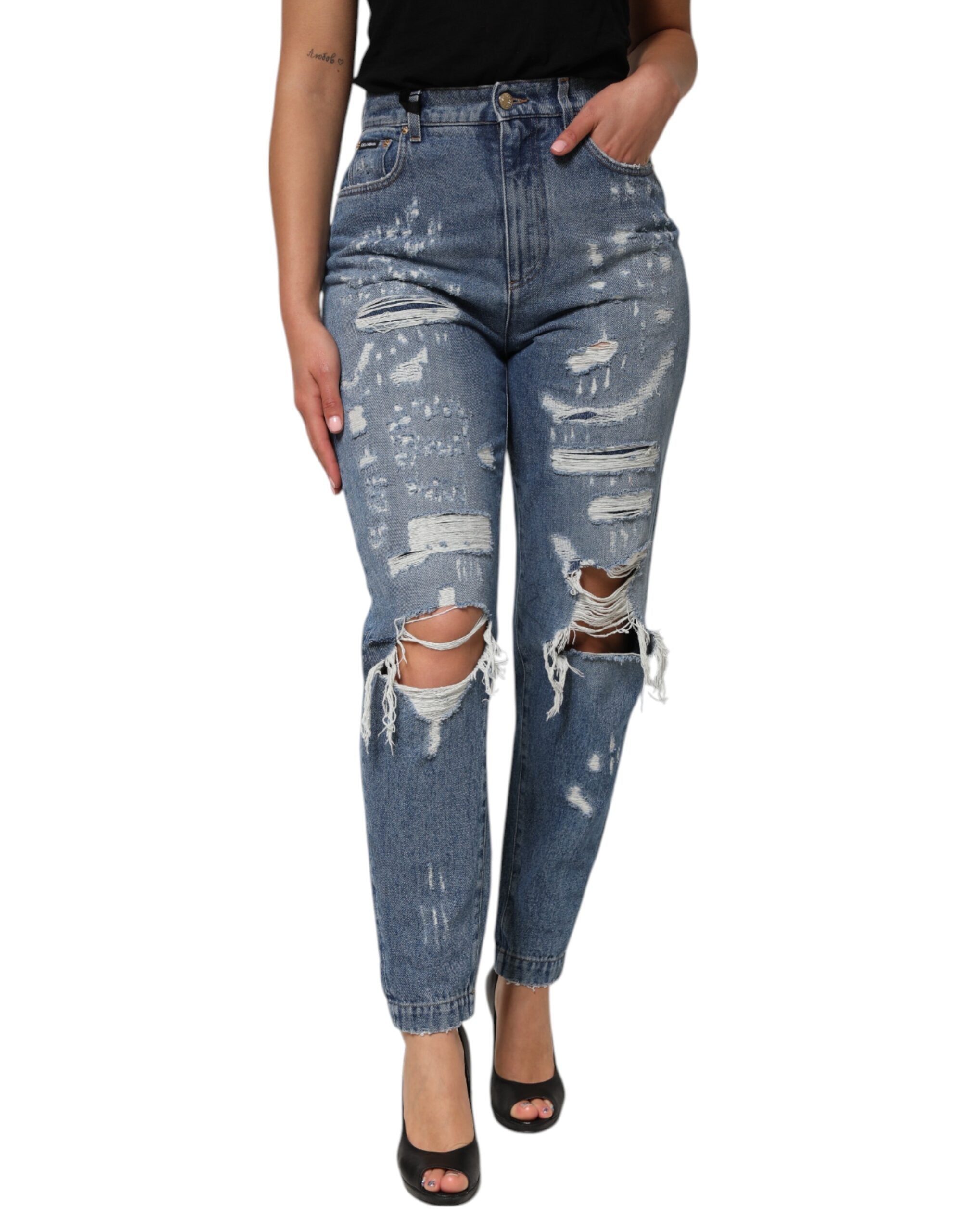 Blå trasiga högmidjade denimjeans för kvinnor
