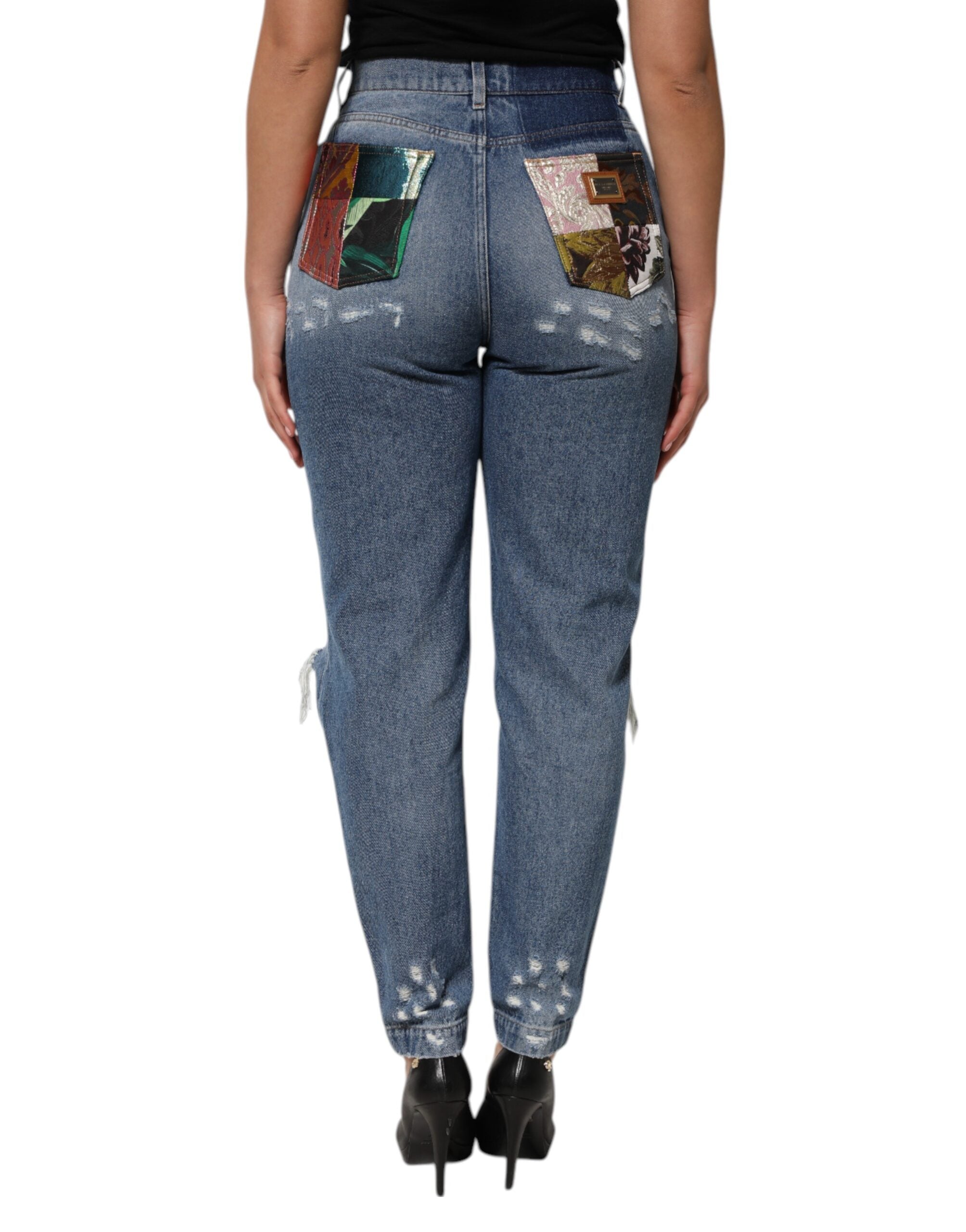 Blå trasiga högmidjade denimjeans för kvinnor