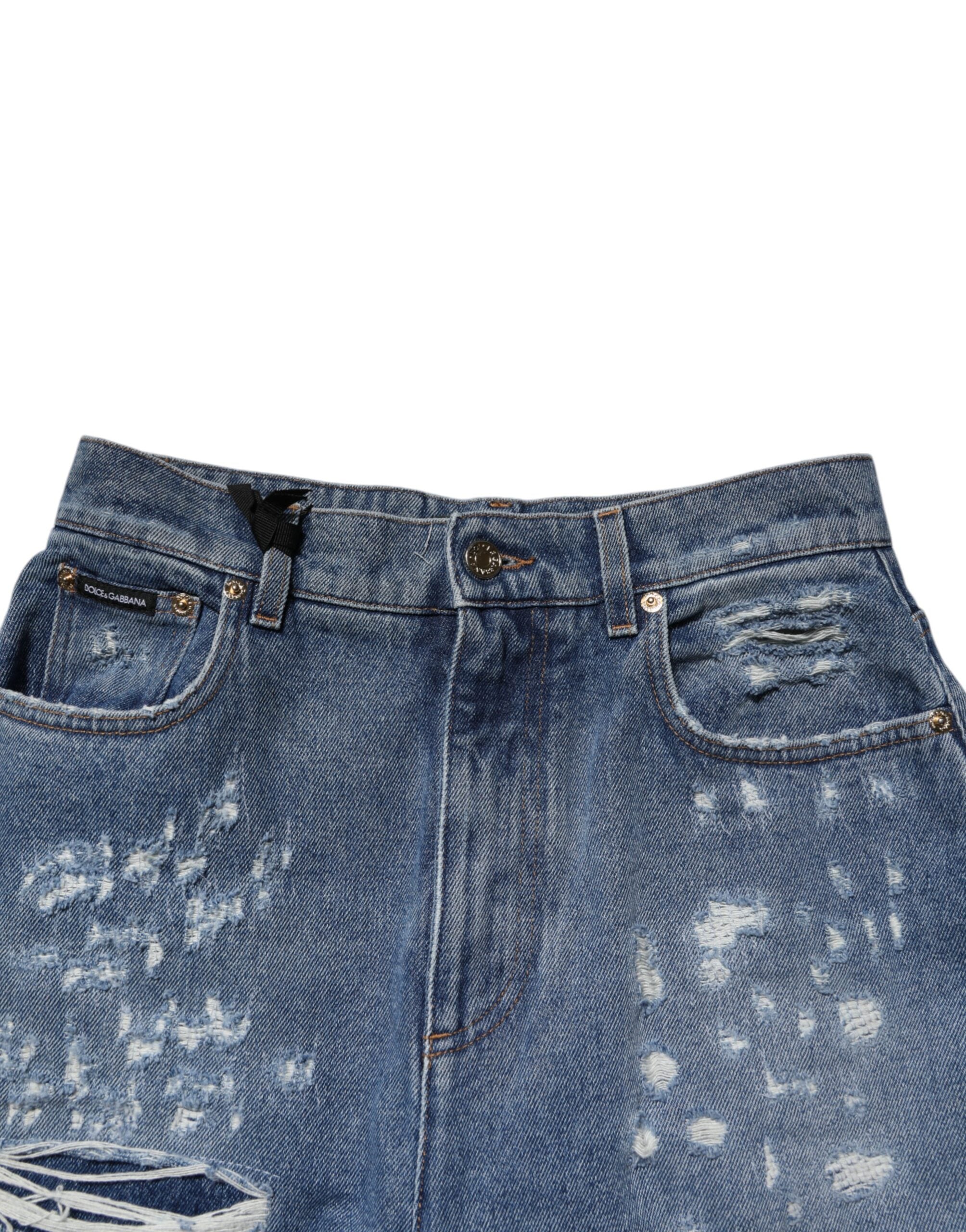 Blå trasiga högmidjade denimjeans för kvinnor