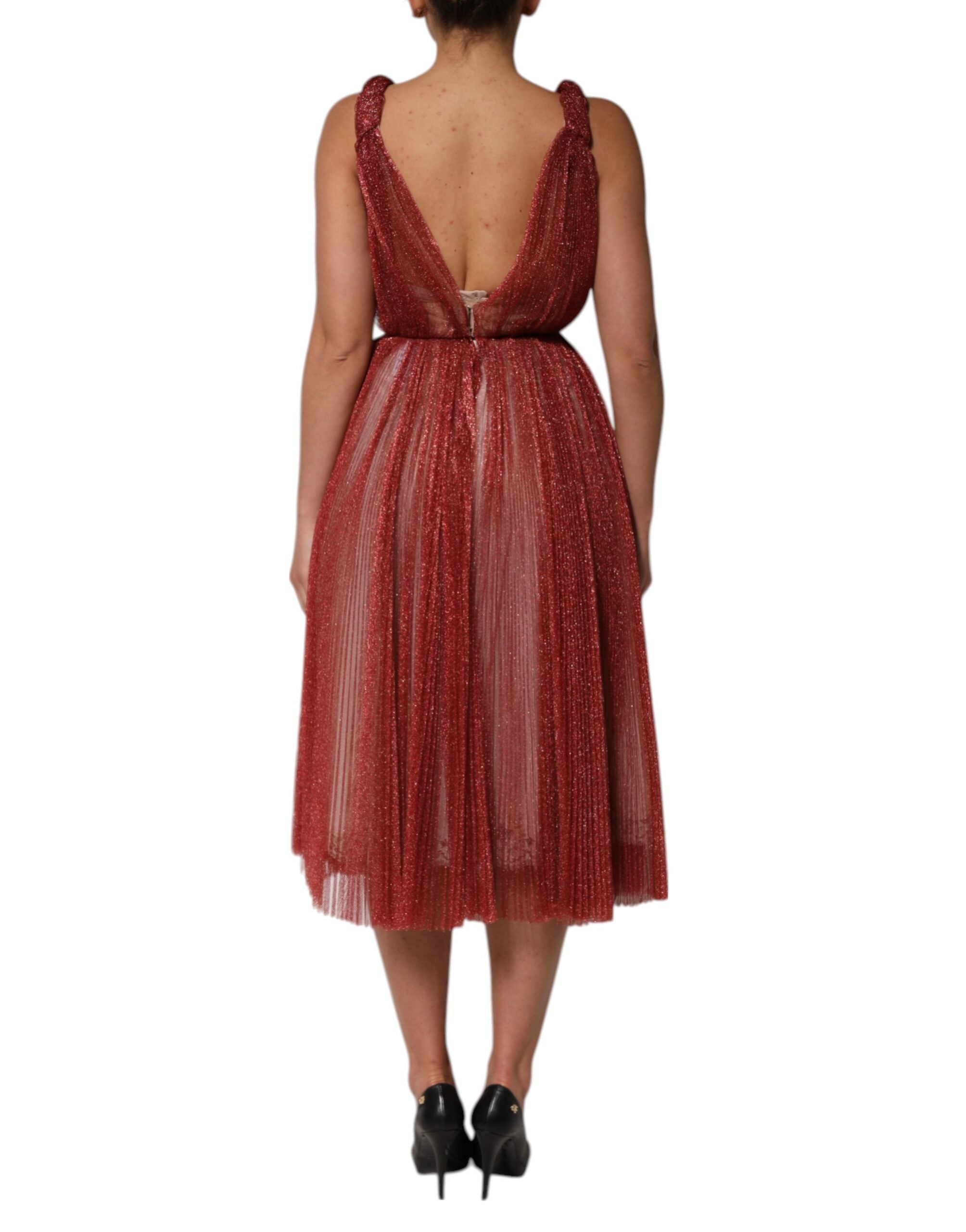 Dolce & Gabbana Burgundy Mesh Sleeveless Midi A-line Dress