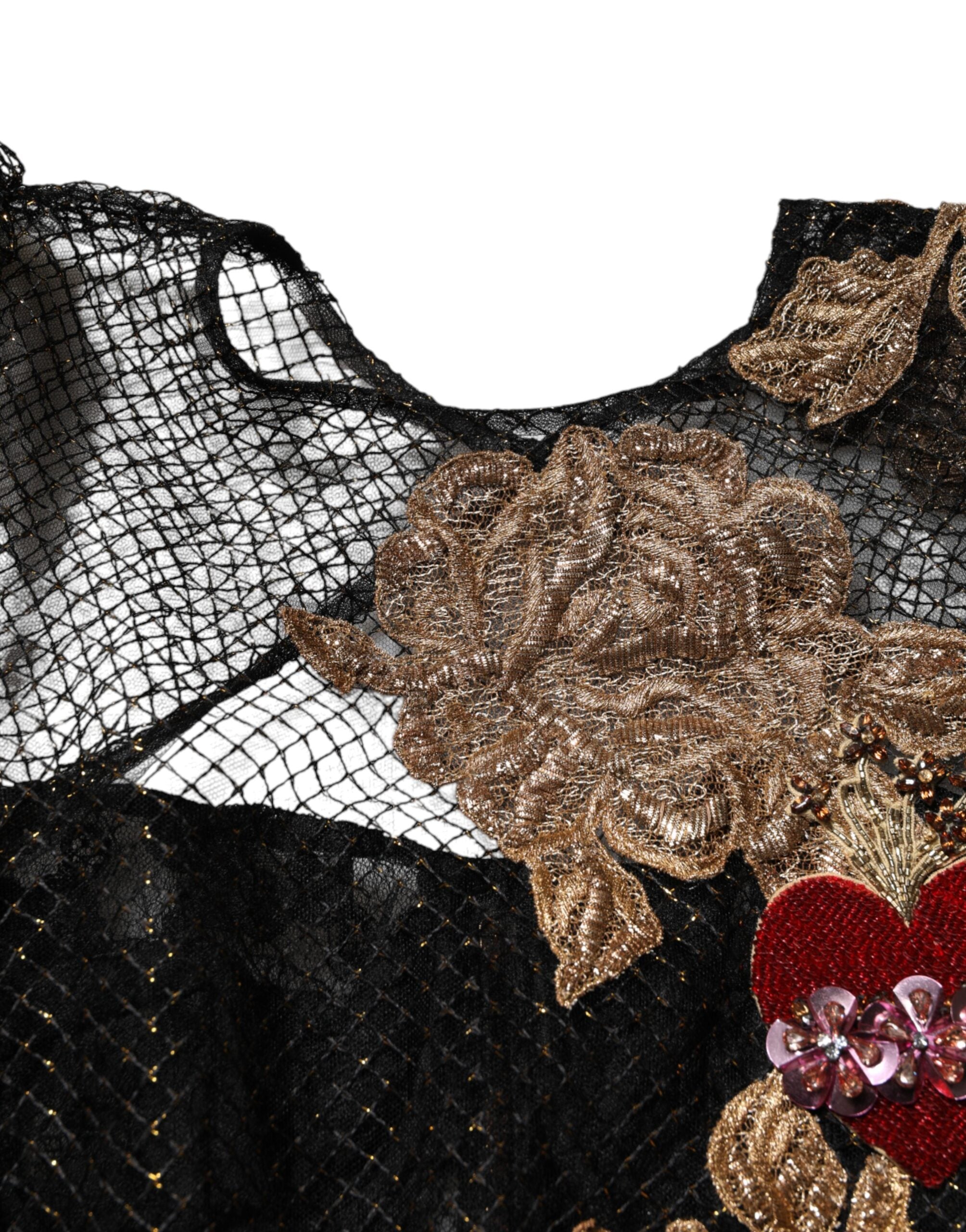 Dolce & Gabbana Black Crystal Heart Embellished A-line Dress