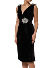 Dolce & Gabbana Black Velvet Flower Embellishment Aline Dress