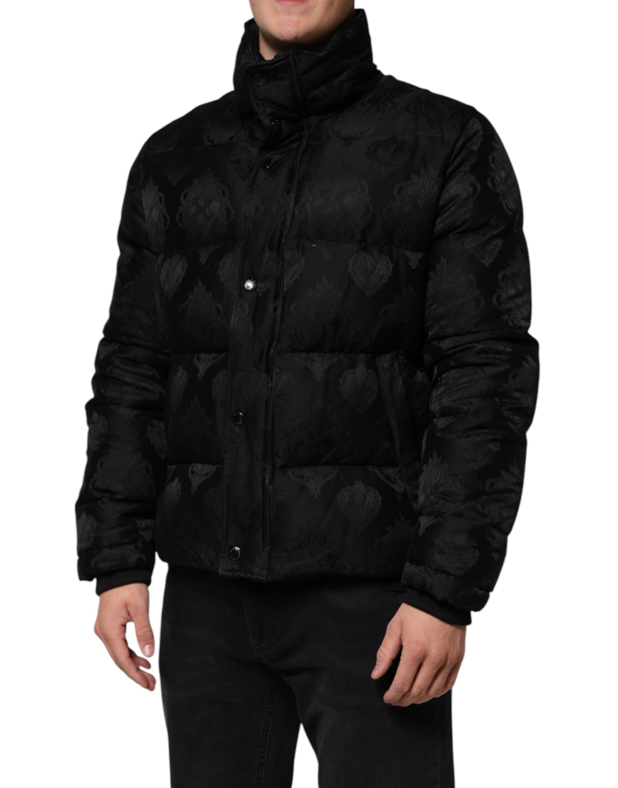 Dolce & Gabbana Black Jacquard Quilted Puffer Bomber Jacket