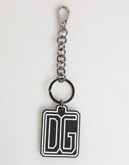 Dolce & Gabbana Black White DG Rubber Logo Silver Men Keychain Keyring