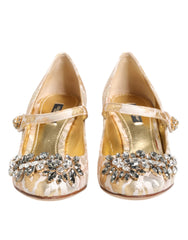 Dolce & Gabbana Gold Jacquard Crystal Mary Janes Pumps Shoes