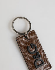 Dolce & Gabbana Dark Brown Leather Logo Metal Ring Keychain Holder Keyring