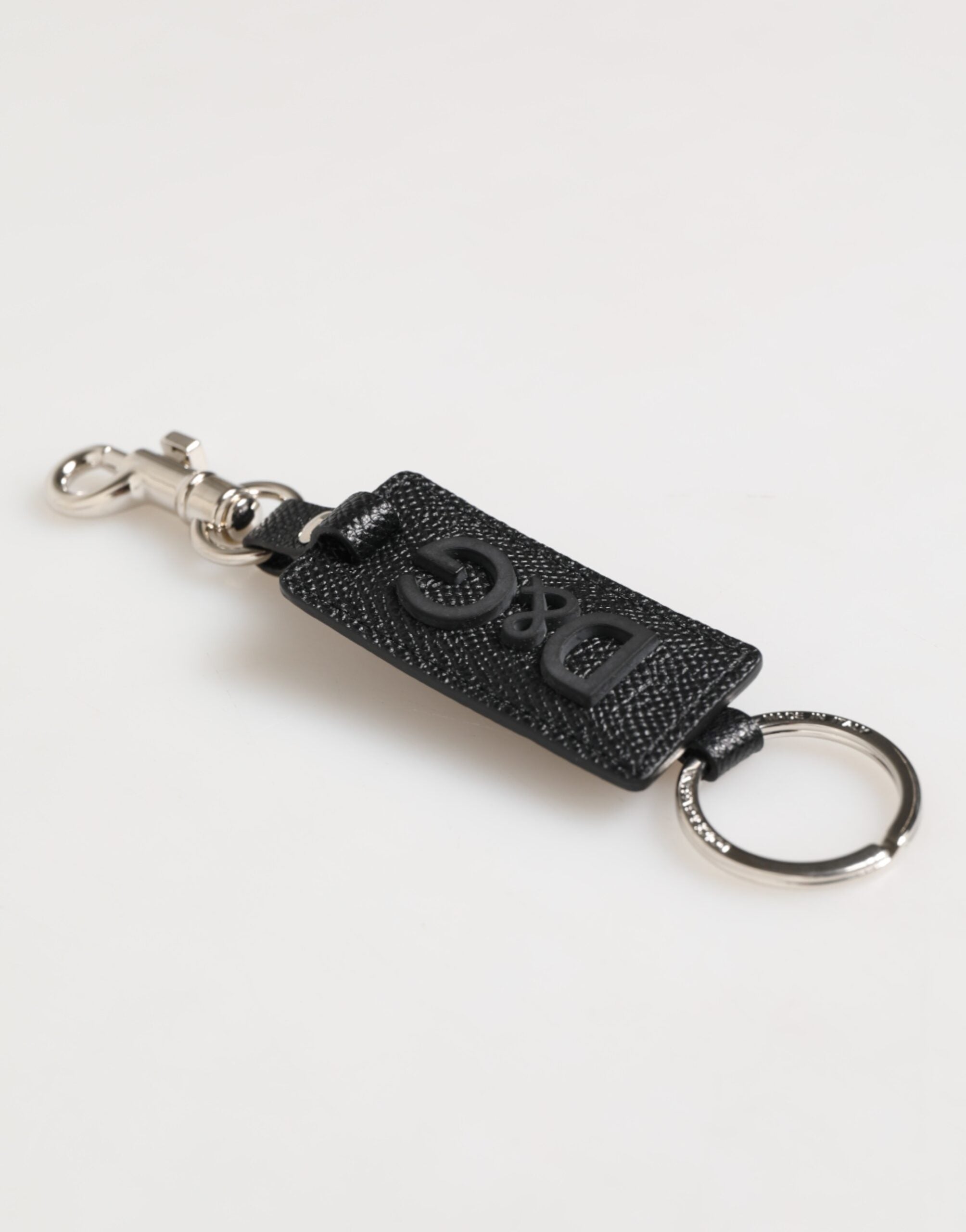Dolce & Gabbana Black Leather Logo Metal Ring Keychain Holder Keyring